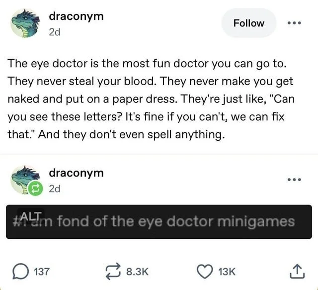 We&rsquo;re the fun doctor. Seriously. No blood, no paper gowns. Just you, us, and a very important game of "Which is clearer: 1 or 2?" 🔍 Schedule your next round of competitive letter reading at www.sevenhillseyecare.com