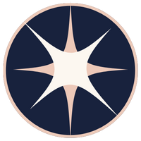 A compass rose design with a central white star and navy blue background, edged with a copper-colored border.