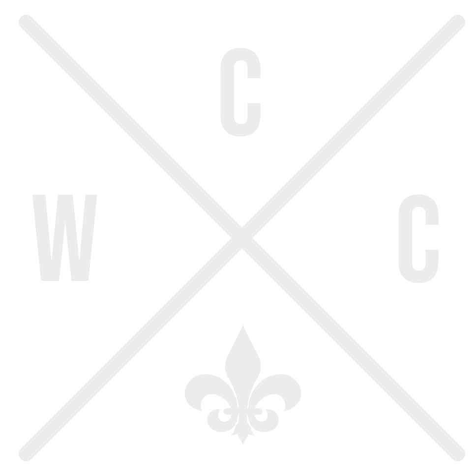 A black and white logo with the letters W and C on different sides and a fleur-de-lis symbol at the bottom. The letters are aligned with diagonal lines crossing each other.