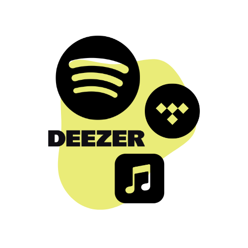 Logo featuring icons for music streaming services Spotify, Deezer, Tidal, and Apple Music with the word "Deezer" in the center.