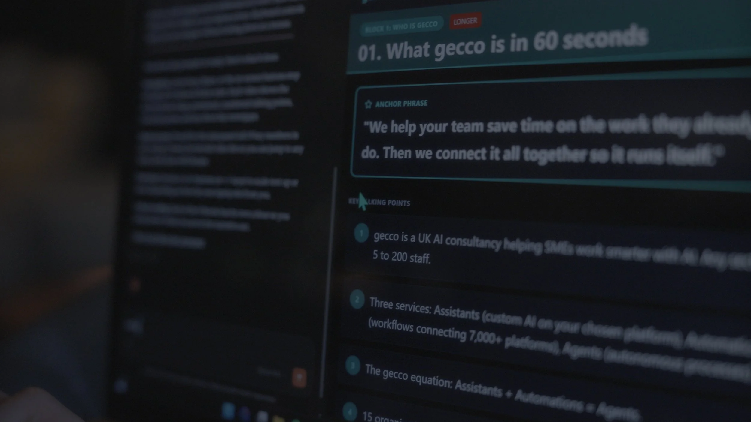 A computer screen displaying what gecco is in 60 seconds, with sections labeled 'Block 1: Who is Gecco' and 'Longer,' showing text about Gecco, a UK AI consultancy helping SWs with a team size of 5 to 200 staff.