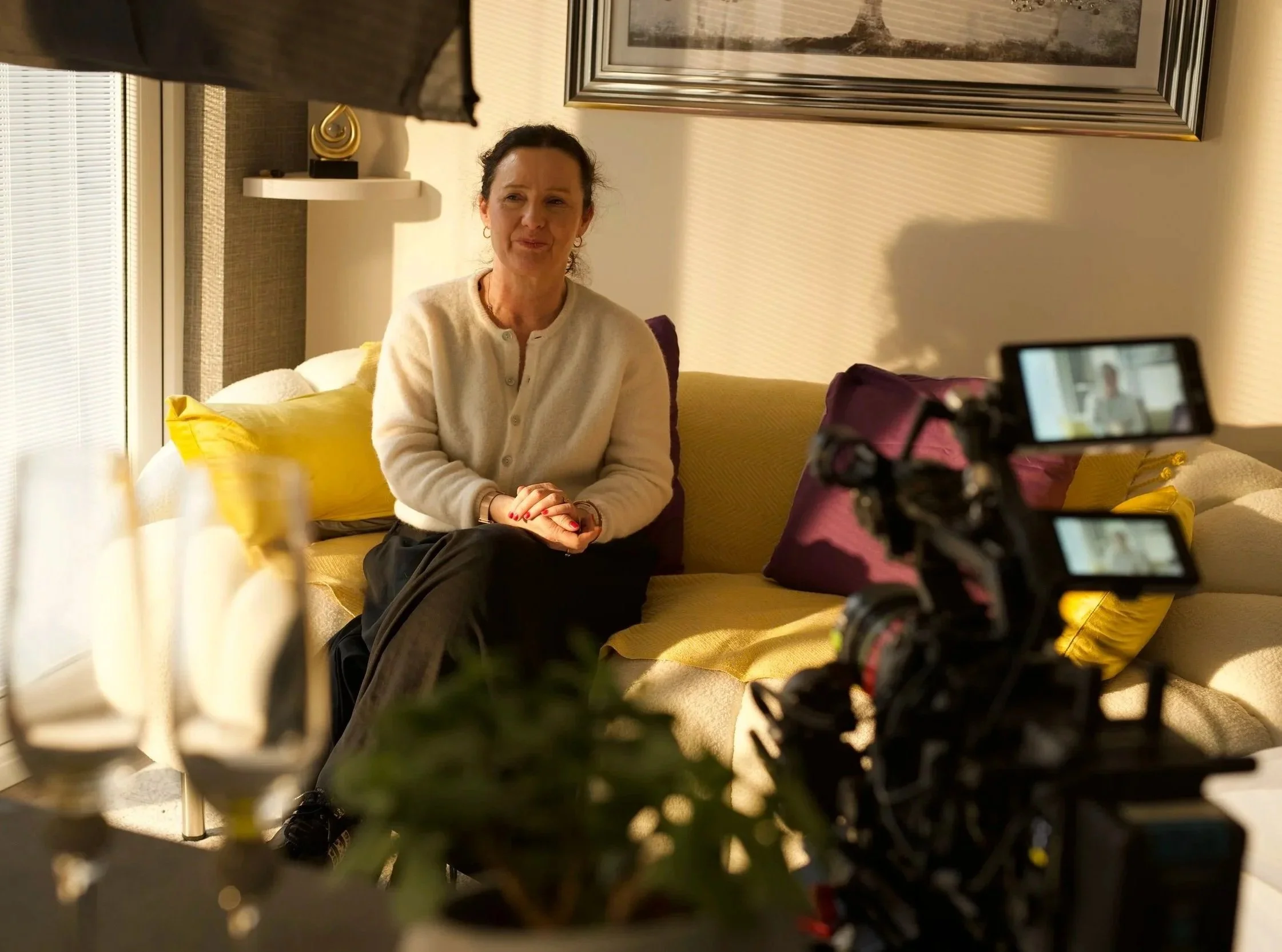 Author Andrea Mara being filmed on location during a directed author interview for a publisher book marketing campaign, produced by Gunpowder House Productions