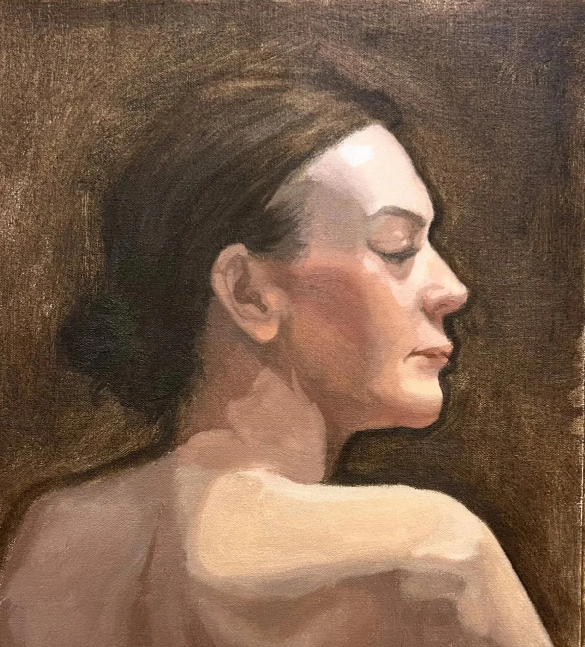 A painting of a woman with closed eyes and a serene expression, facing profile, with brown hair and a soft background.