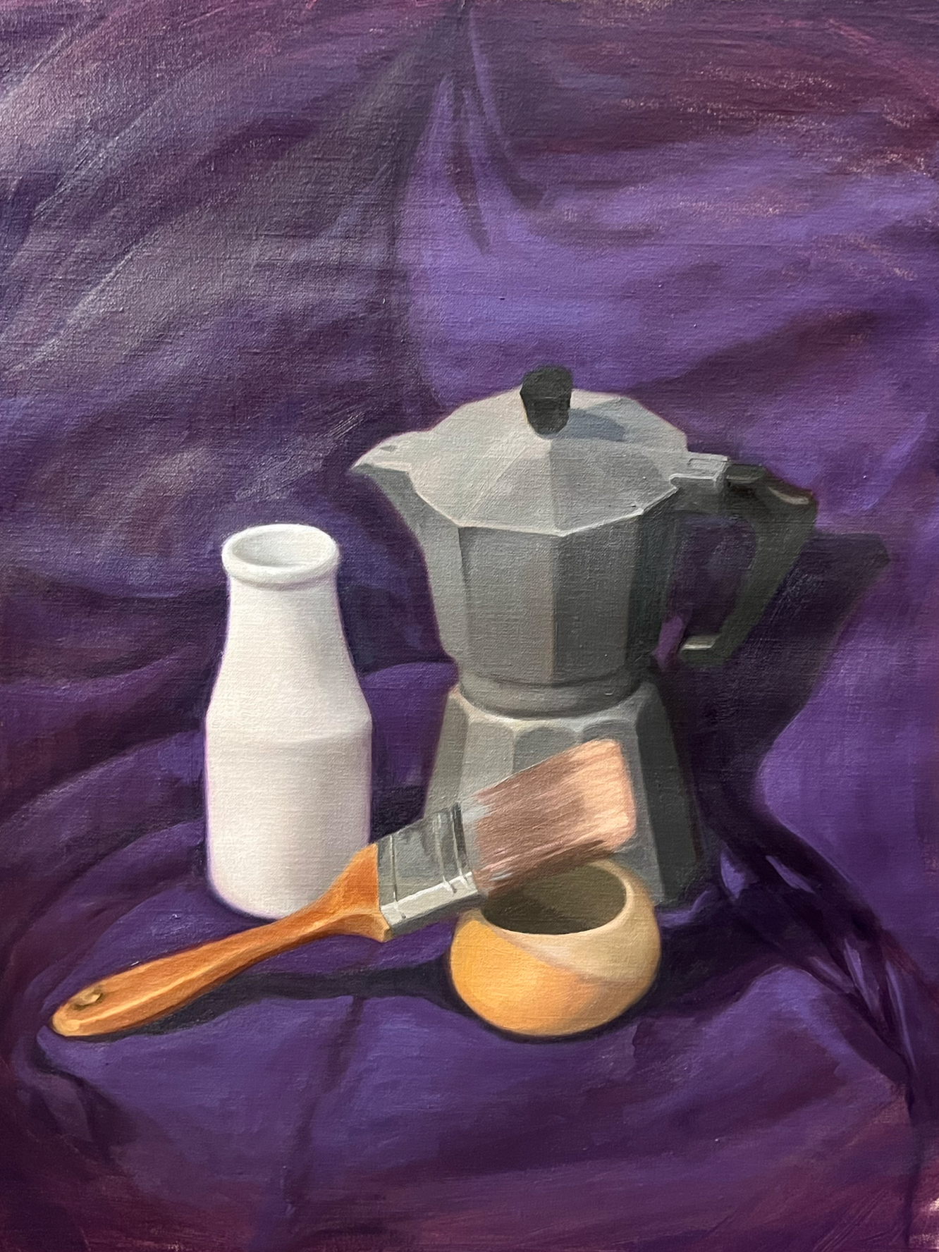 Still life painting of a white milk bottle, a gray moka pot, a round yellow object, a paintbrush, and a small bowl on purple fabric background.