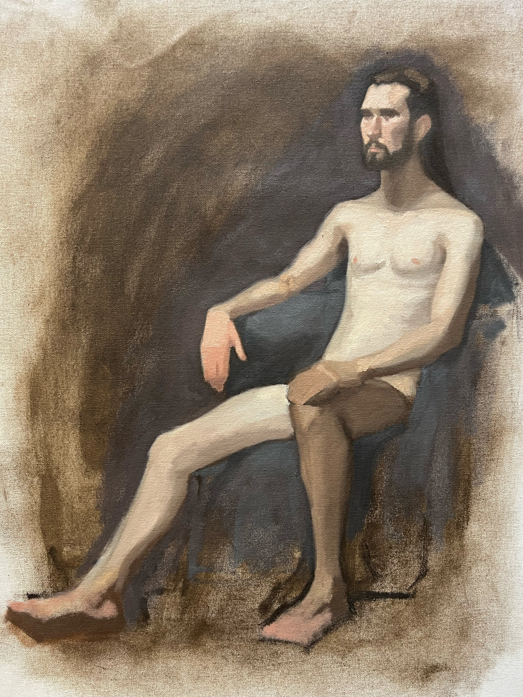 A painting of a nude man with brown hair and beard, sitting on a dark chair against a brown background.