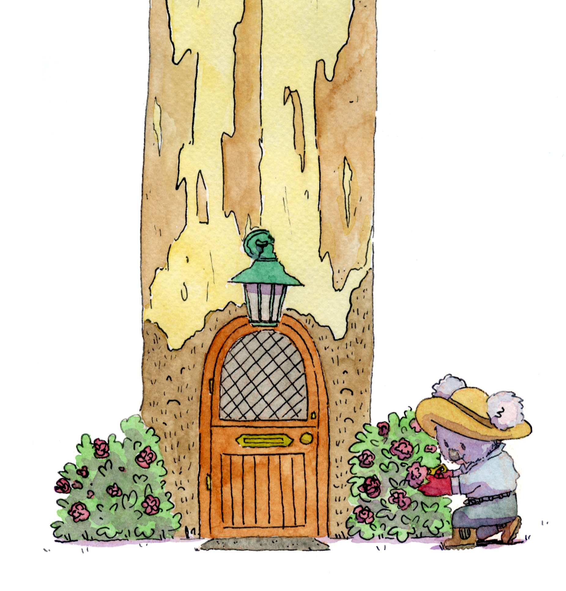 Watercolor illustration of a tree trunk with a door, bushes with pink flowers, and a bear wearing a large straw hat trimming flowers.