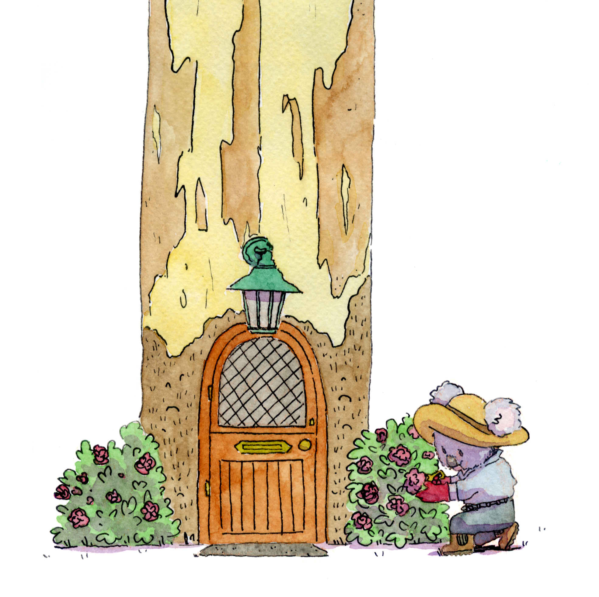 Watercolor illustration of a tree trunk with a door, bushes with pink flowers, and a bear wearing a large straw hat trimming flowers.