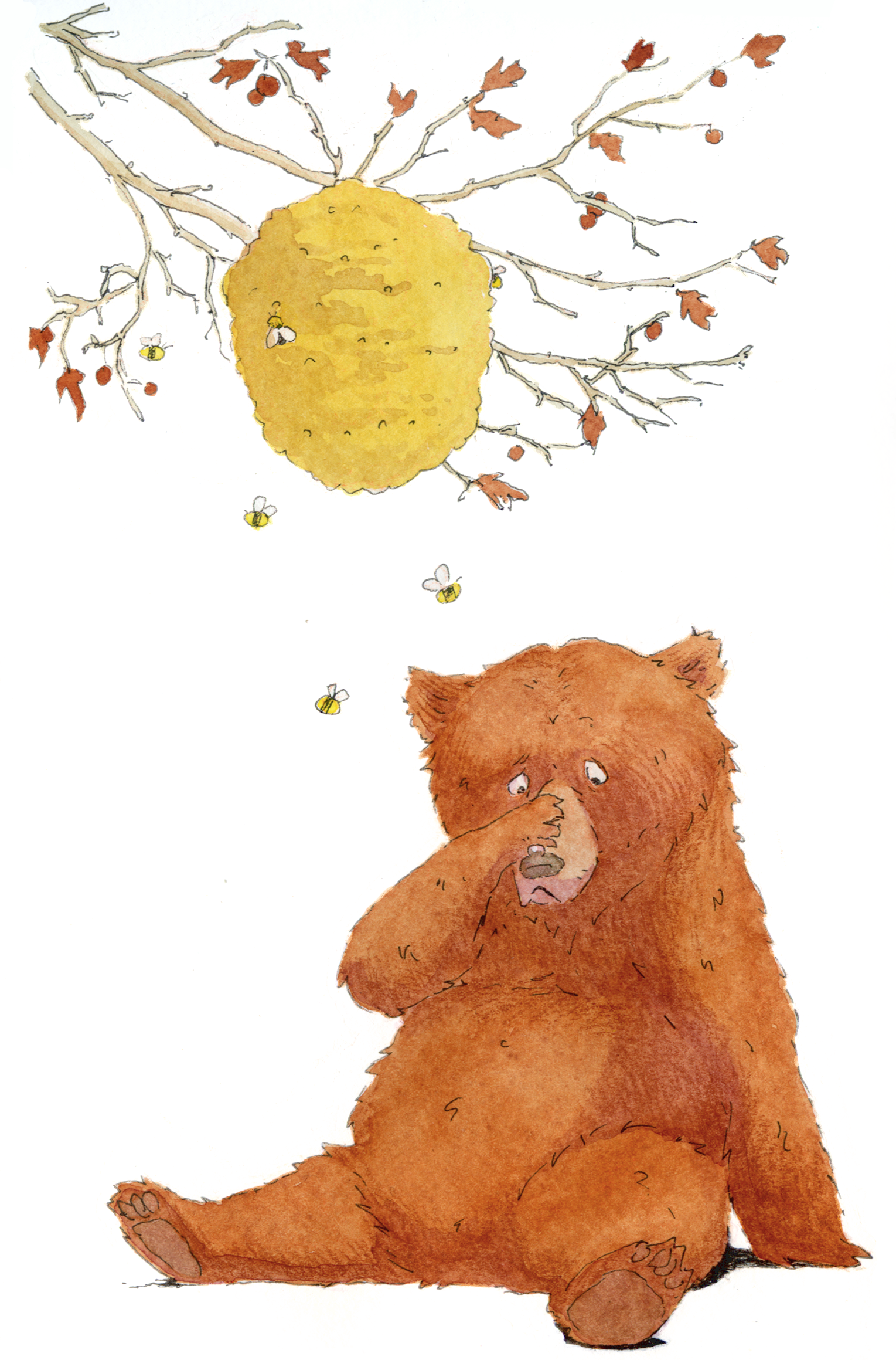 A cute illustrated bear sitting and covering its nose with one paw, with a tree branch bearing leaves and a large round yellow nest above, and several buzzing bees flying around.