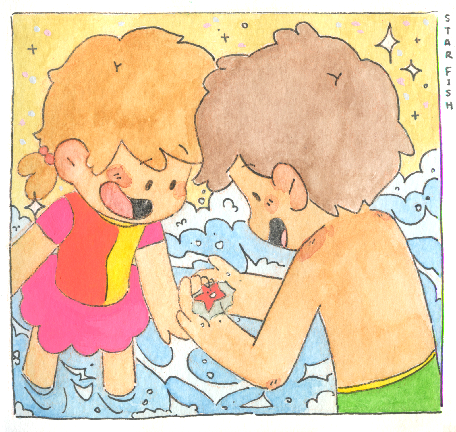 A cartoon illustration of two children at the beach, playing in the water. The girl has light brown hair in a ponytail, wearing a pink and yellow swimsuit, and is smiling happily. The boy has brown curly hair, is shirtless, wearing green swim trunks,