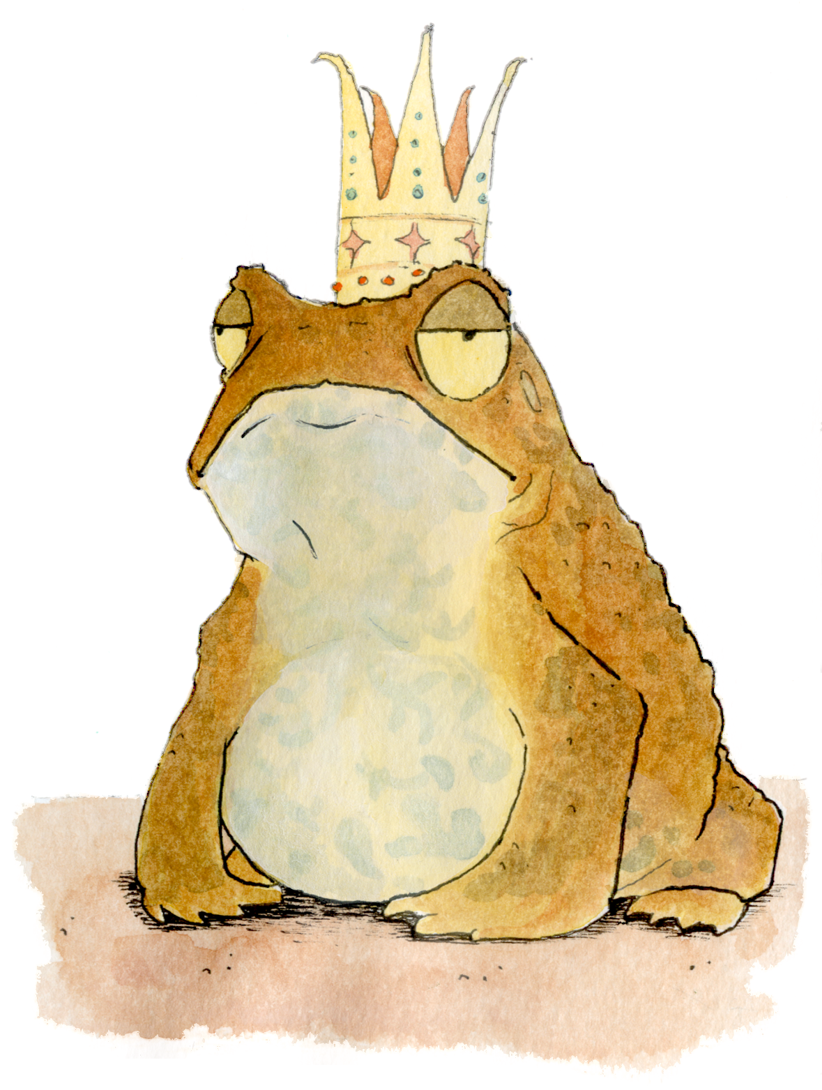 Watercolor illustration of a grumpy-looking frog wearing a crown with colorful embellishments.