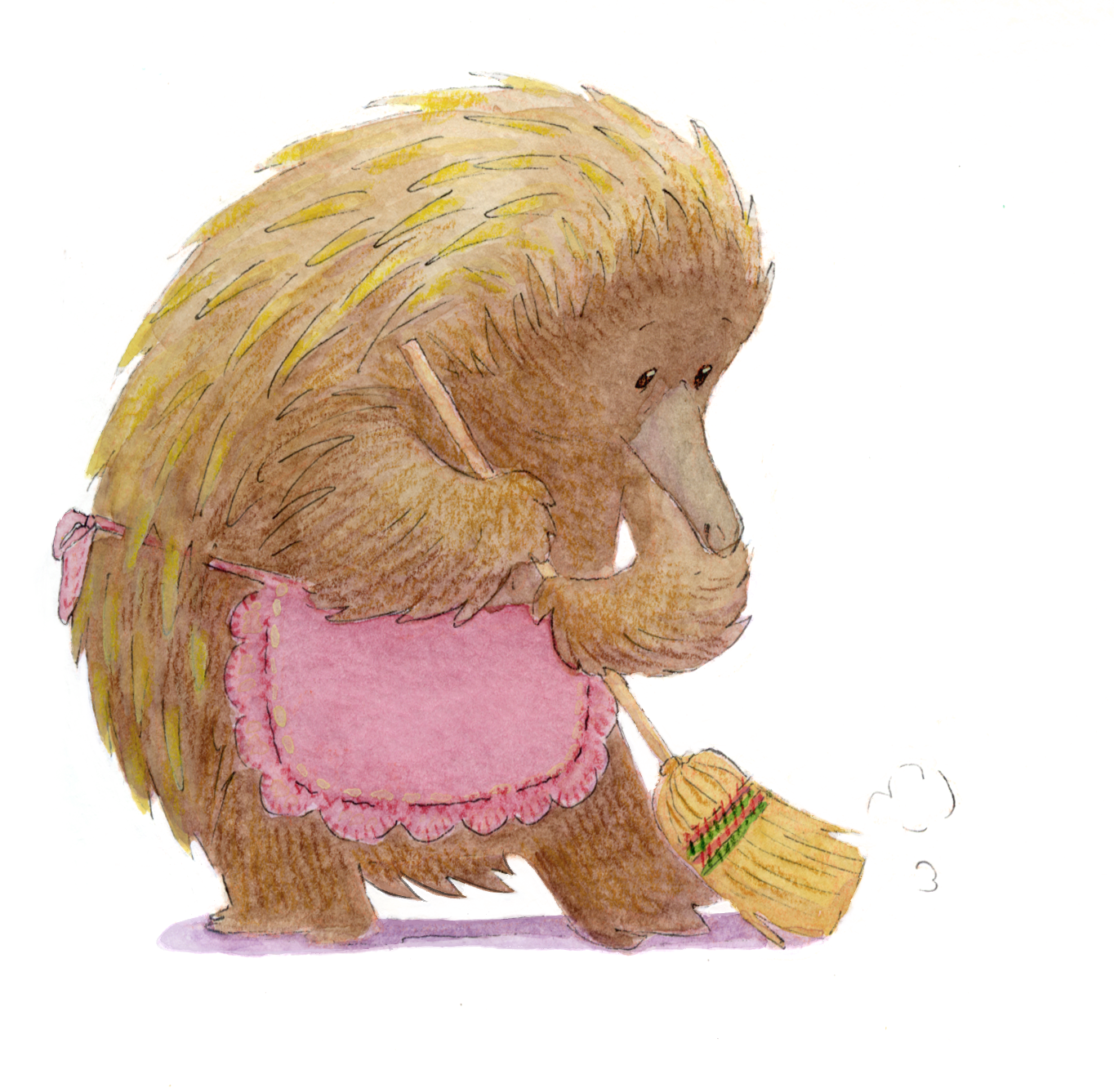 A watercolor illustration of a cute anthropomorphic hedgehog sweeping with a small broom, wearing a pink apron.