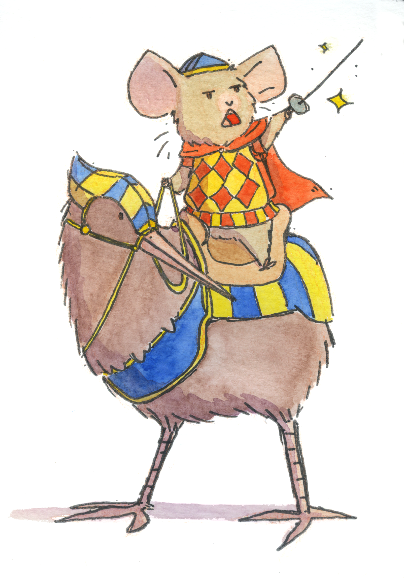 An illustrated mouse dressed as a king or knight, riding a horse, holding a sword, and wearing a crown and cape.