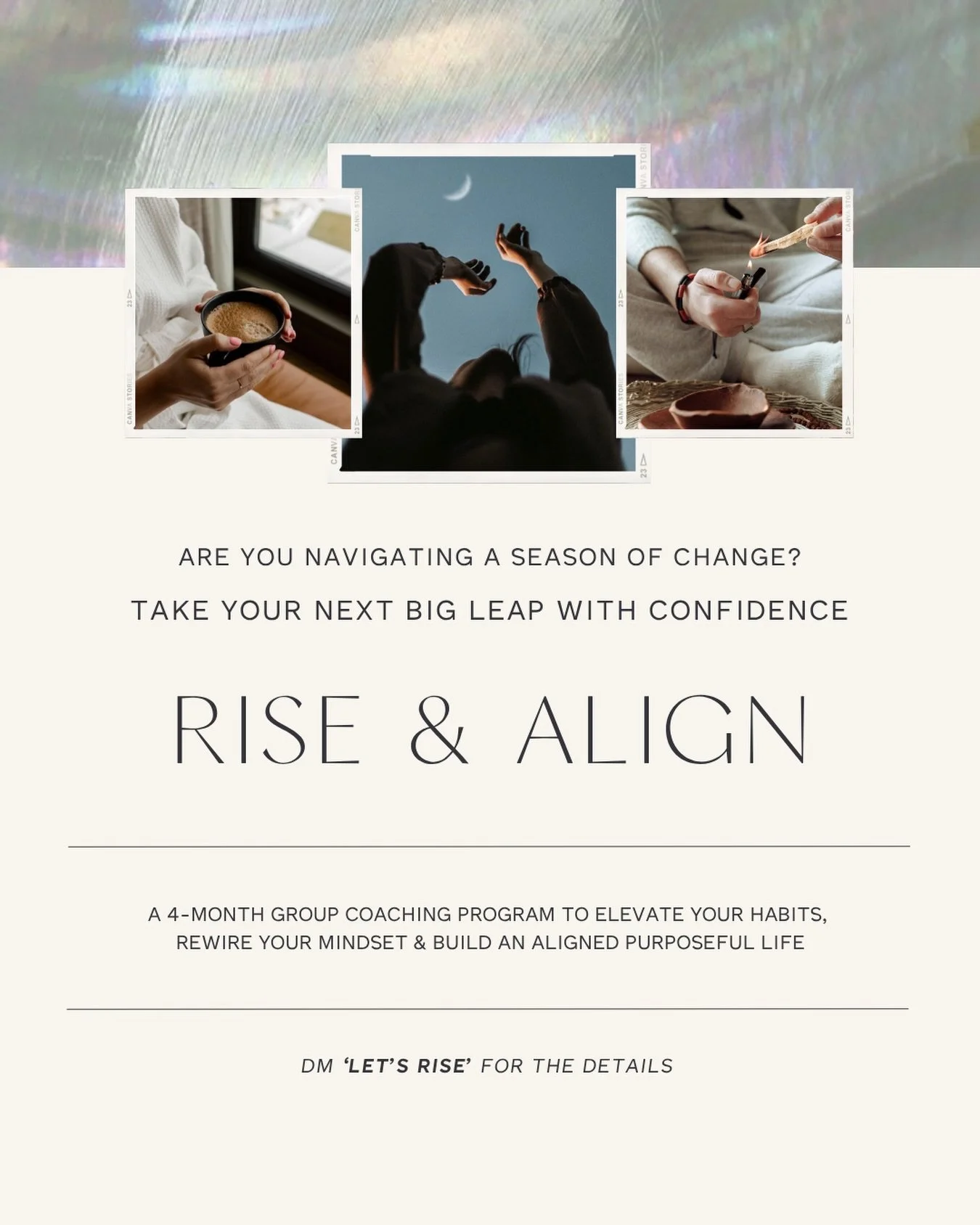 BUSY UPGRADING 🚀

DM &lsquo;Let&rsquo;s Rise&rsquo; for full program details.

If you&rsquo;re in a season of transition &amp; transformation and ready to take your next big leap with confidence, this is your sign to explore Rise and Align.

This is