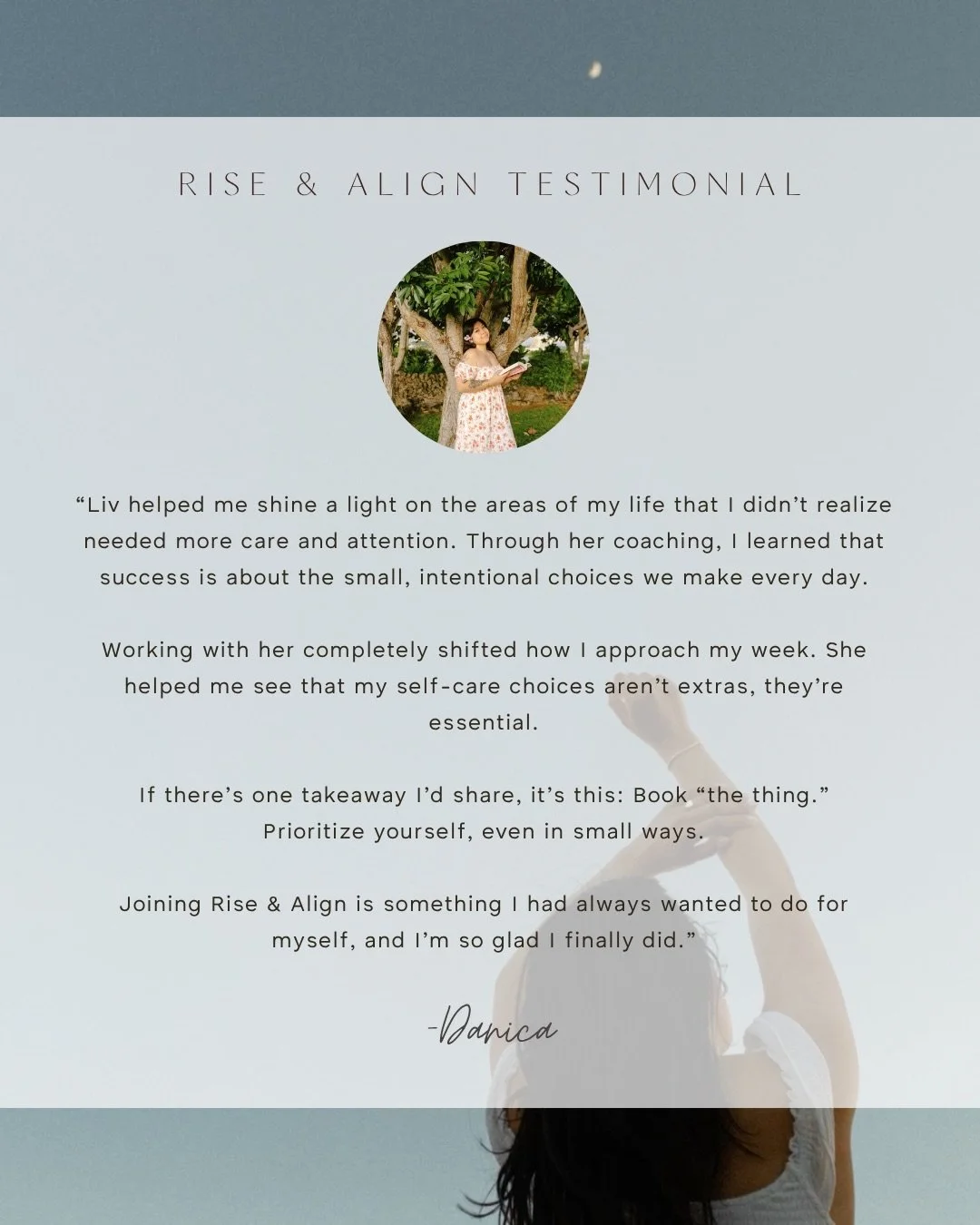 Client 🌙 Love

&ldquo;Liv helped me shine a light on the areas of my life that I didn&rsquo;t realize needed more care and attention. Through her coaching, I learned that success is about the small, intentional choices we make every day. Working wit