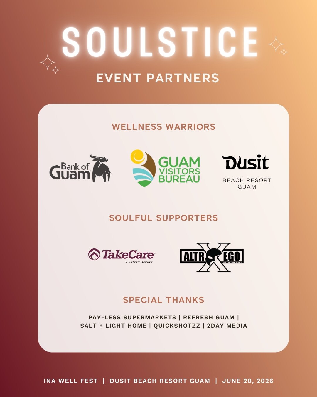 WITH GRATITUDE

Shoutout to our event partners who made year 5 of Ina Well Fest possible! 

#inawellfest26 #eventpartners #summersolstice #visitguam #inawellnesscollective