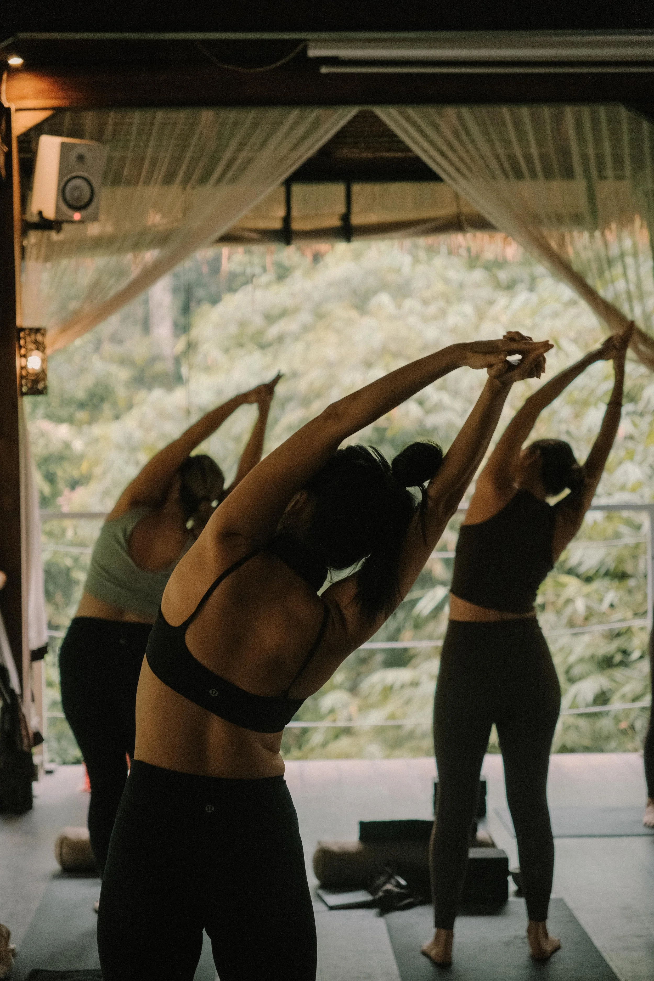 Women doing yoga in a beautiful outdoor setting with the feeling of fresh air and lush jungle as backdrop.