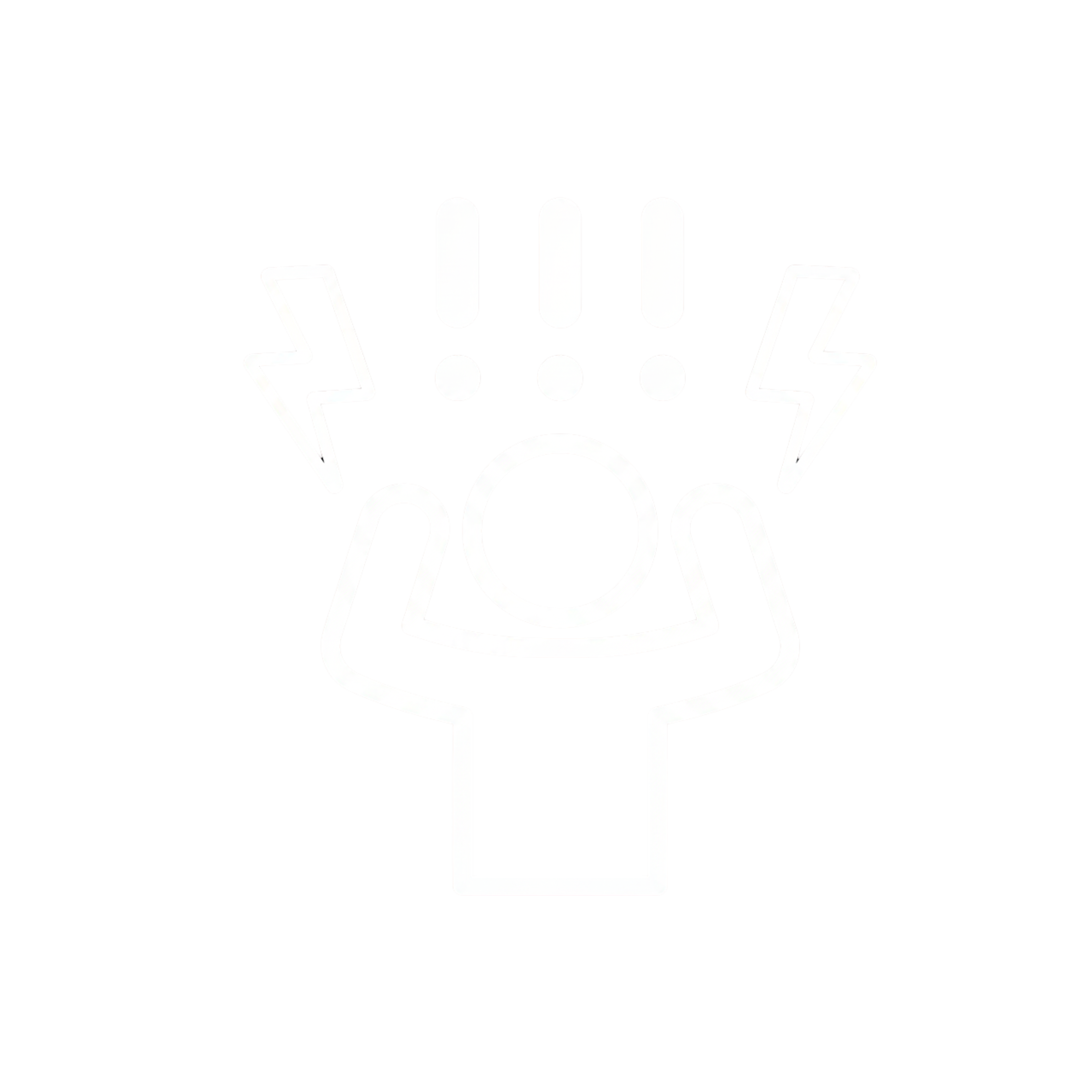 Outline of a hand holding a round object with an alarm sign and lightning bolts above it.