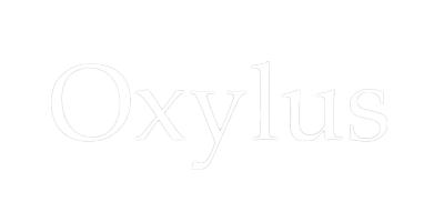Black logo with the word 'Oxylus' in white.