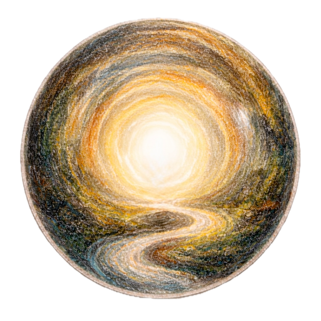 Painted circular abstract art with a bright white center radiating outward with yellow, orange, and brown hues, resembling a glowing sun or light source.