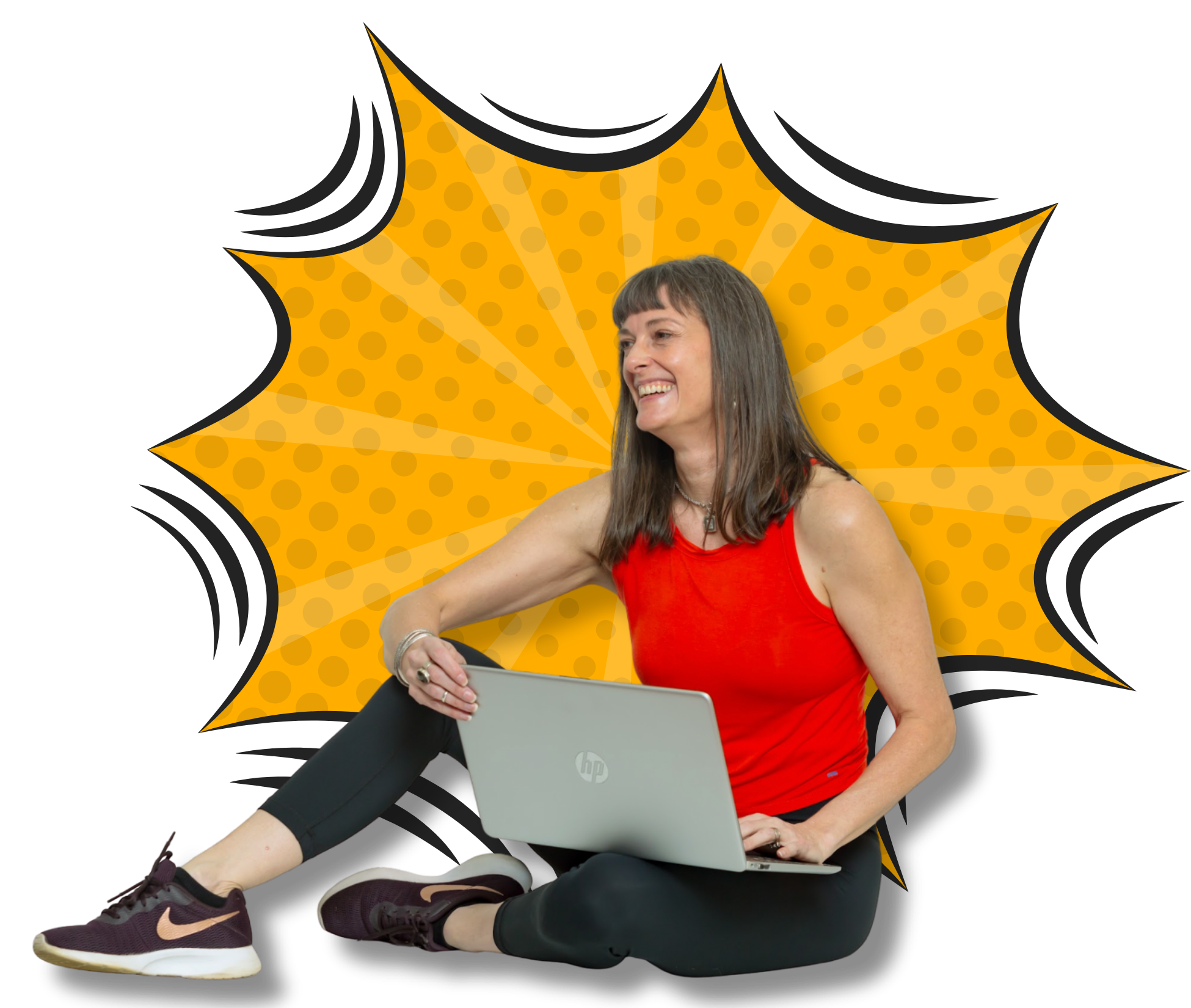 Woman with long dark hair, wearing a red tank top, black leggings, and purple Nike sneakers, sitting on the floor with a silver HP laptop, smiling and looking to the side, with a comic book style orange and yellow explosion background.