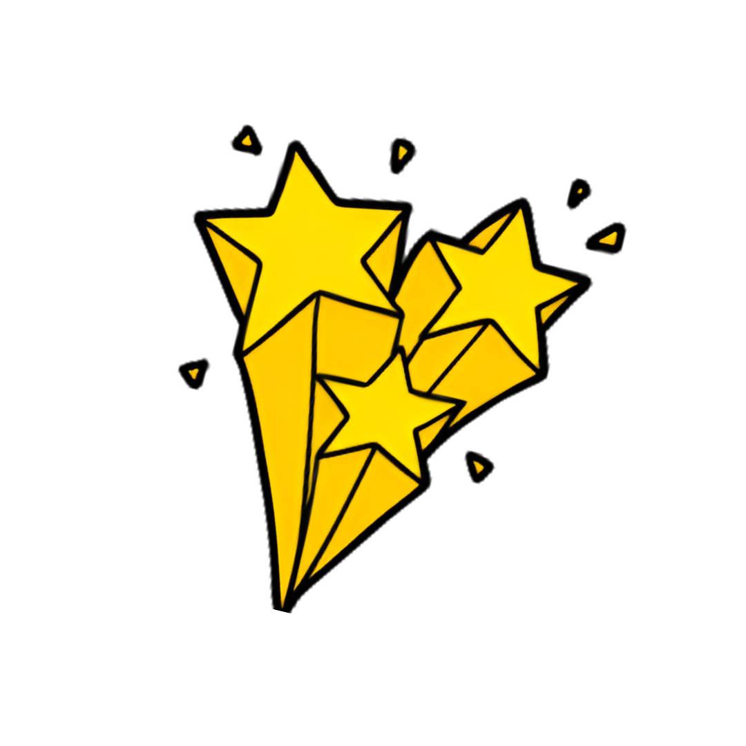 Yellow shooting stars with black outlines on a black background.
