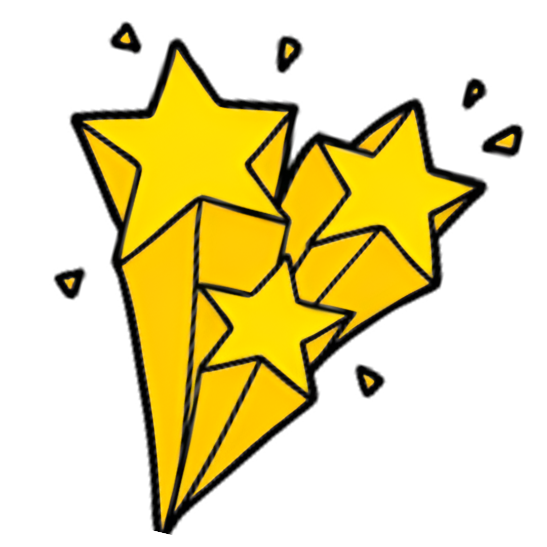 Yellow shooting stars with black outlines on a black background.