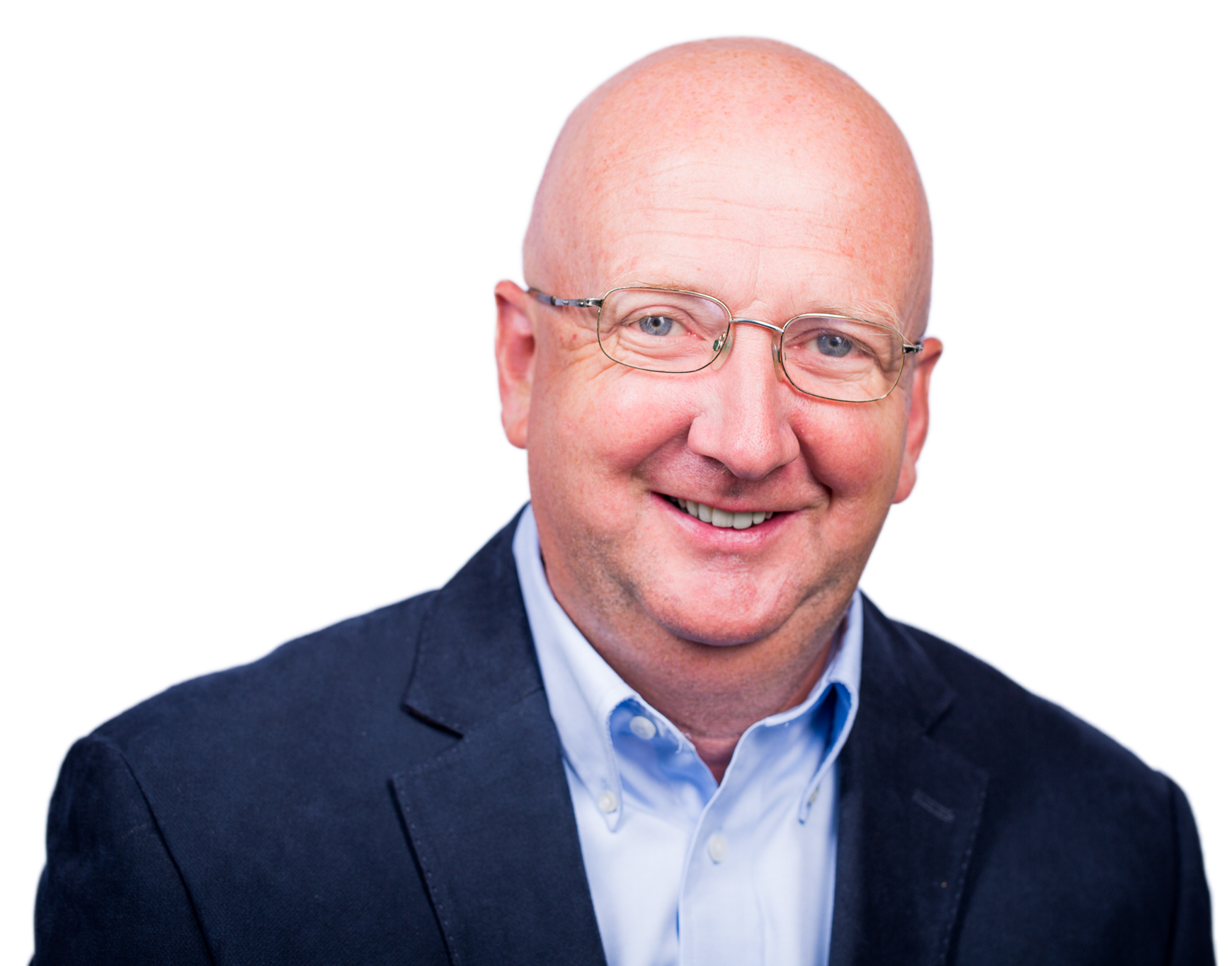Portrait of a smiling middle-aged man with glasses, wearing a blue blazer and light blue shirt, with a light background.