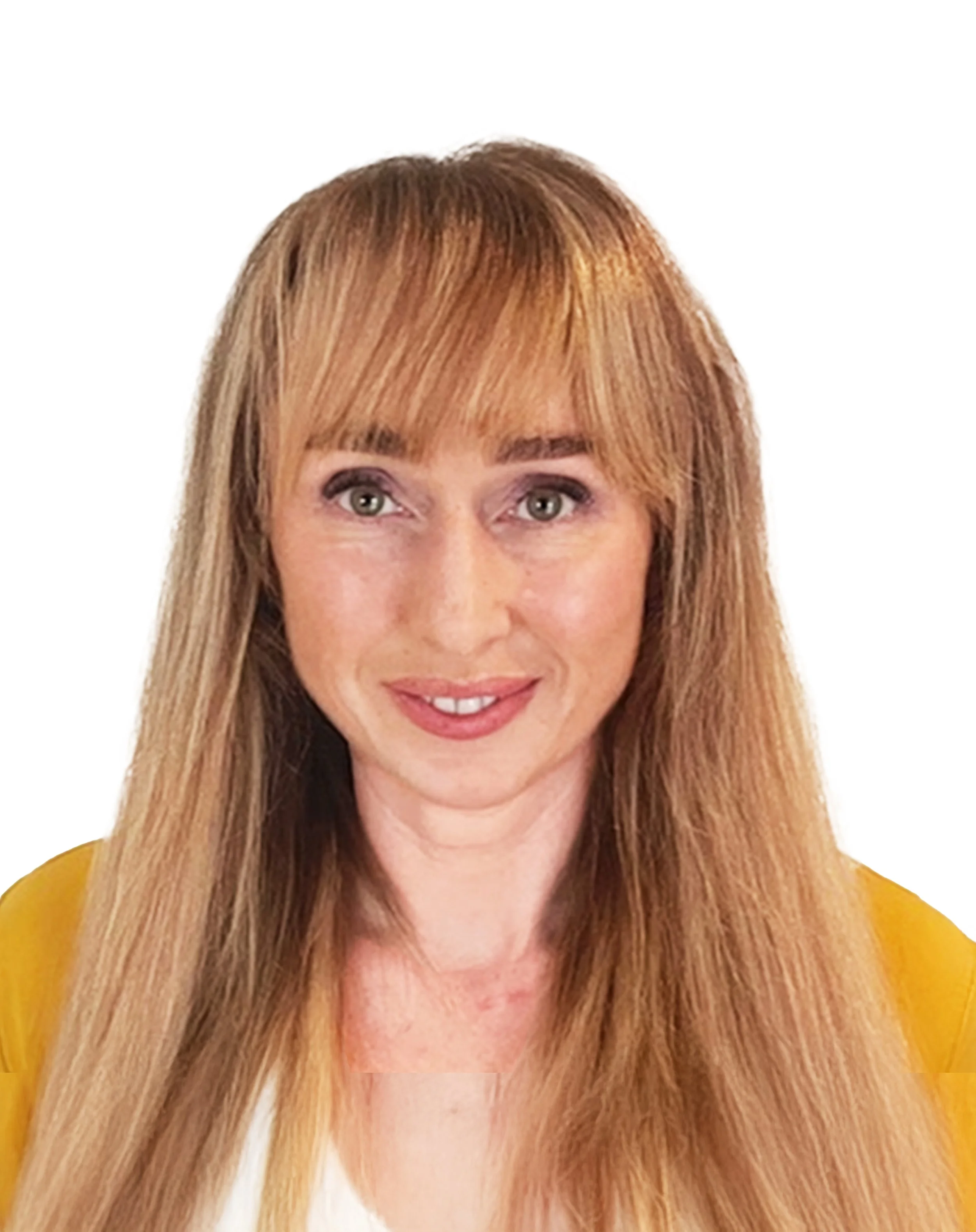 Portrait of a woman with long red hair, wearing a yellow top, smiling, against a white background.