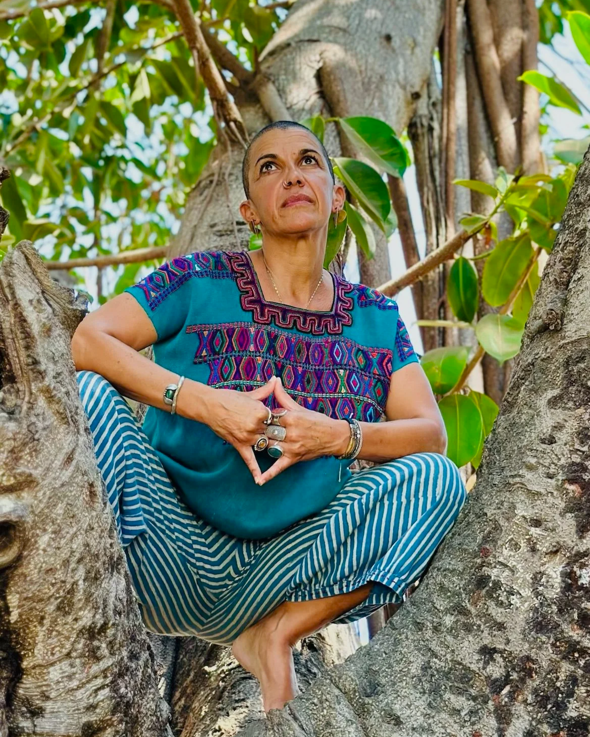 Miakoda, wearing a Guatemalan-patterned blue and purple shirt and blue and white pinstripe pants, is squatting in a banyan tree while looking off camera contemplatively. Their hands are adorned with rings and connected in a diamond mudra.