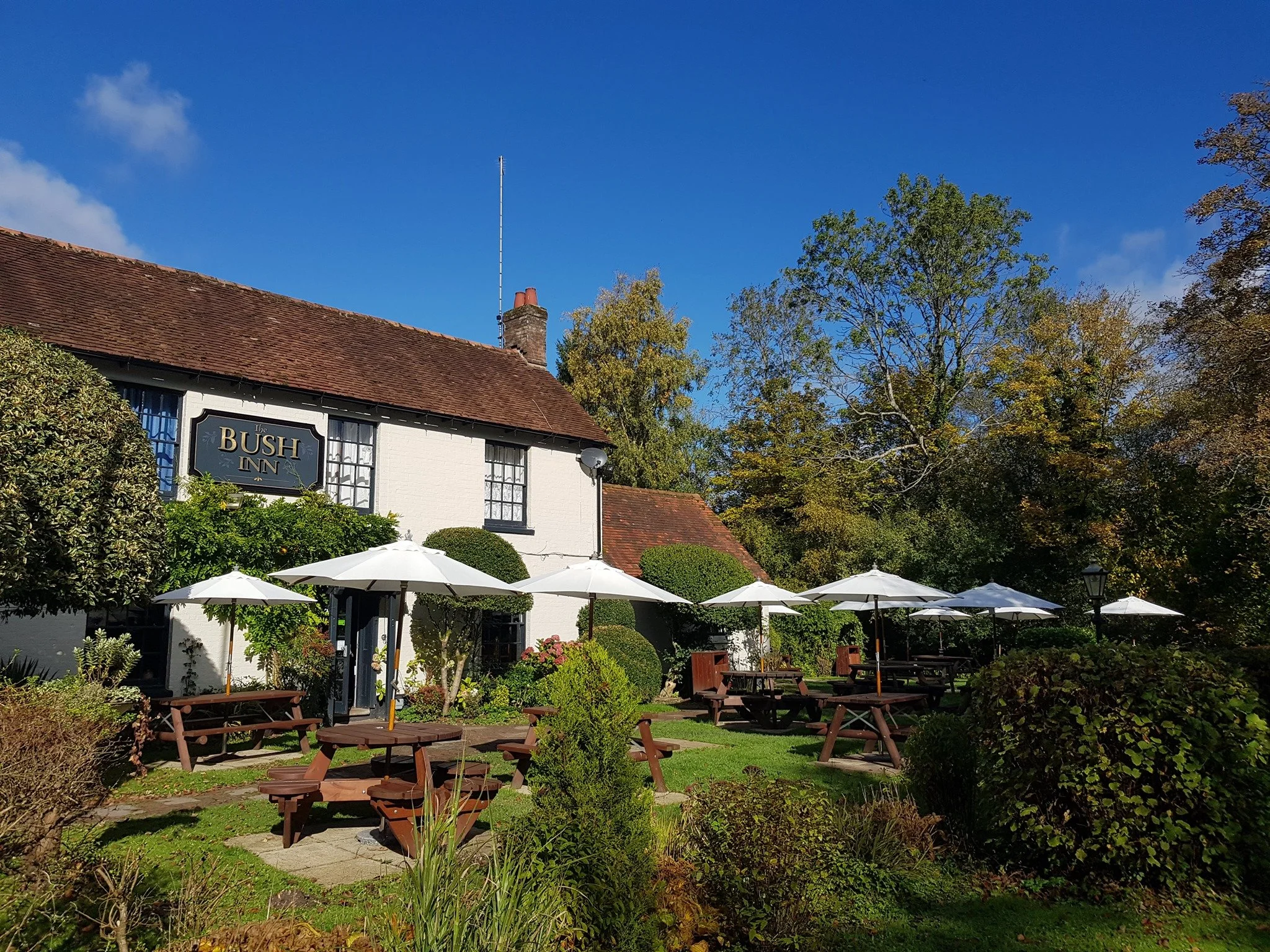Outdoor seating area with wooden tables and white umbrellas in front of a white building labeled "The Bush Inn," surrounded by greenery and trees under a blue sky.