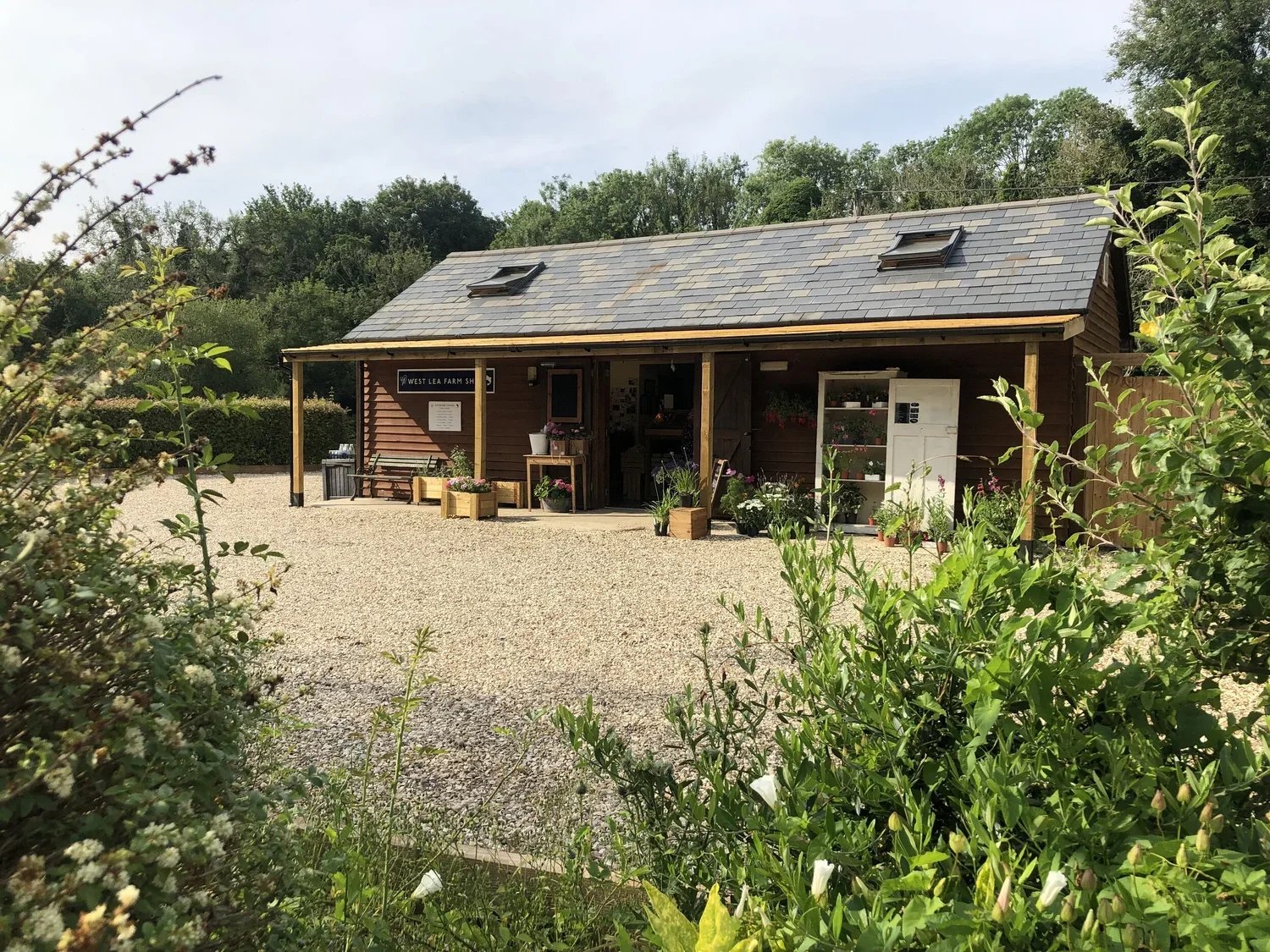 A small wooden building with a slate roof, set in a gravel area, surrounded by greenery and plants, with a sign that reads 'West Lea Farm Store' on the front.