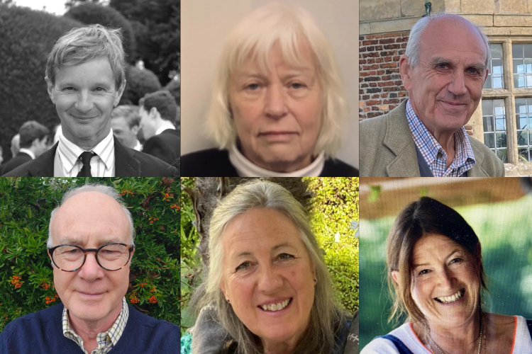 Collage of six portraits of older adults, three men and three women, in outdoor and indoor settings.