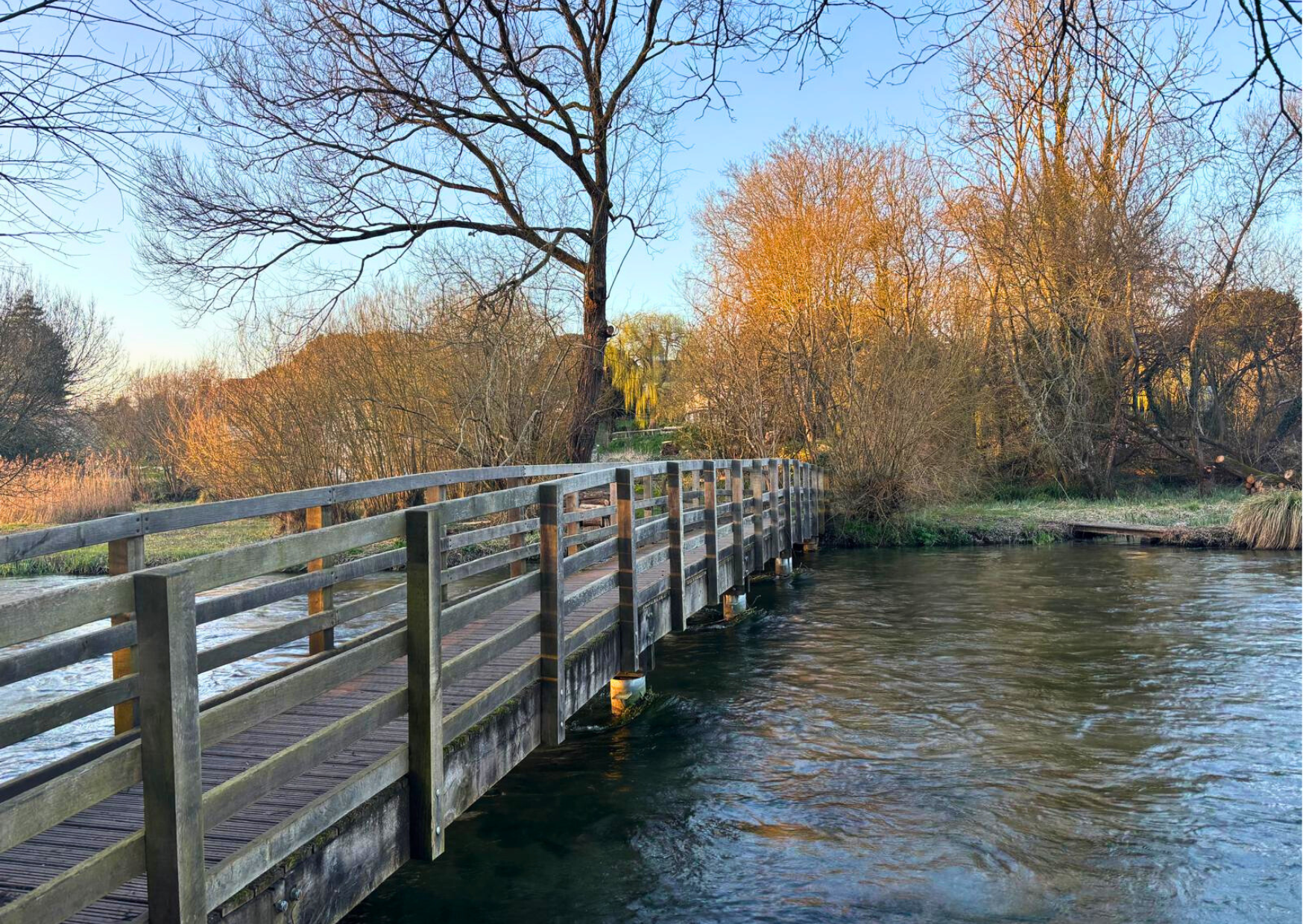 A wooden footbridge crossing over a river with autumn trees on both sides, some with bare branches and others with orange and yellow leaves, under a clear blue sky.