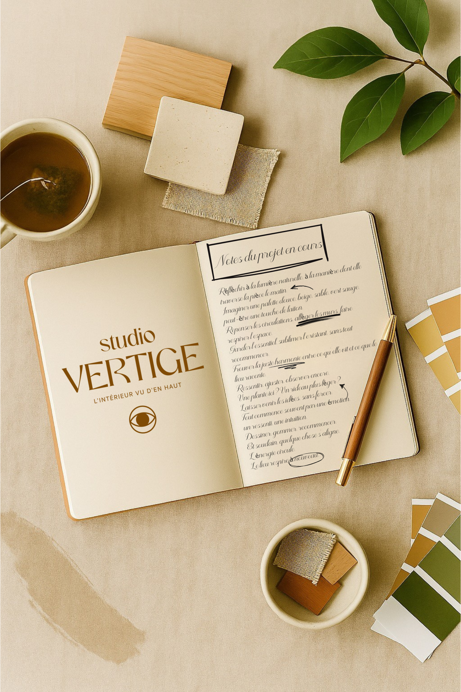 Carnet de notes Studio Vertige, illustrant la démarche créative et sensible d’Azeline dans la conception d’espaces harmonieux et ressourçants.