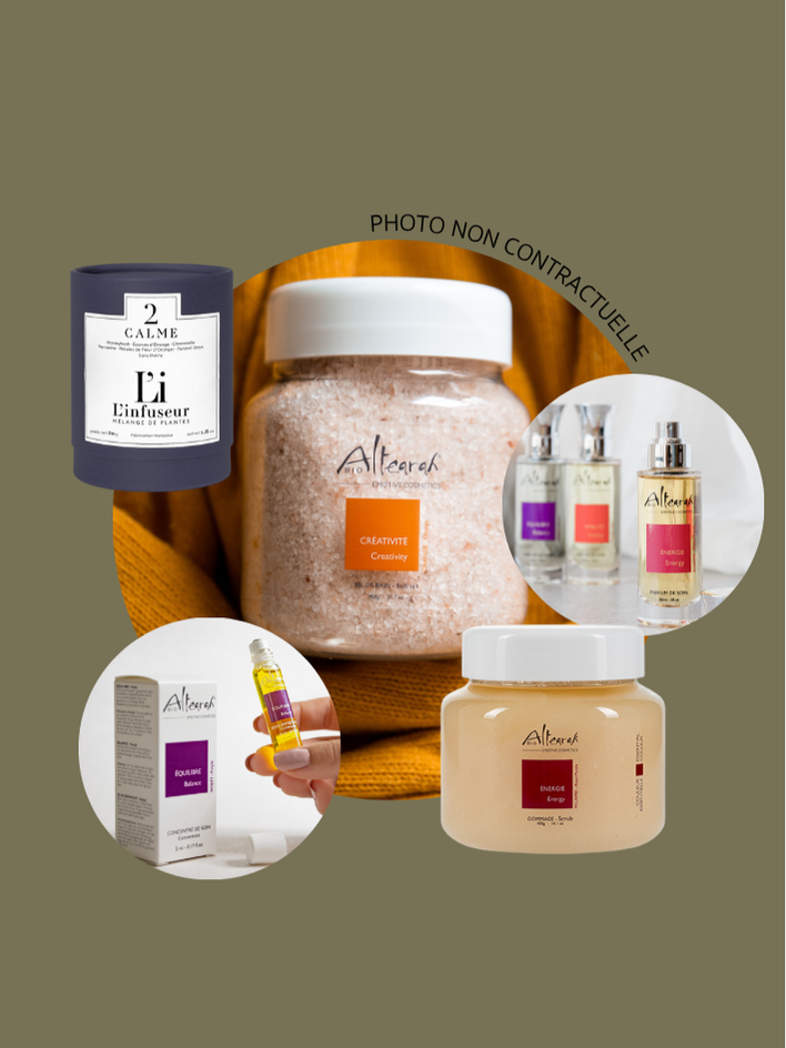 Coffret Sensoriel Plus Studio Vertige avec gommage, concentré, parfum et sels de bain Altearah®, complétés par une infusion de la marque L’Infuseur®. Un rituel complet pour se ressourcer.
