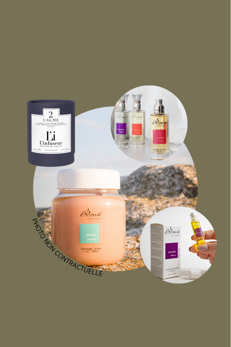 Coffret Sensoriel Studio Vertige avec soins Altearah®, gommage, concentré et parfum de soin, accompagné d’une tisane L’Infuseur®. Composition bien-être et couleurs douces pour une expérience sensorielle et apaisante.
