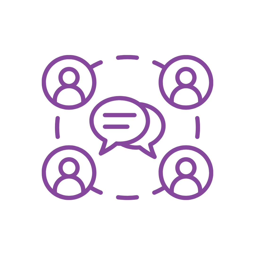 outline of people in a circle with a speech bubble in the middle