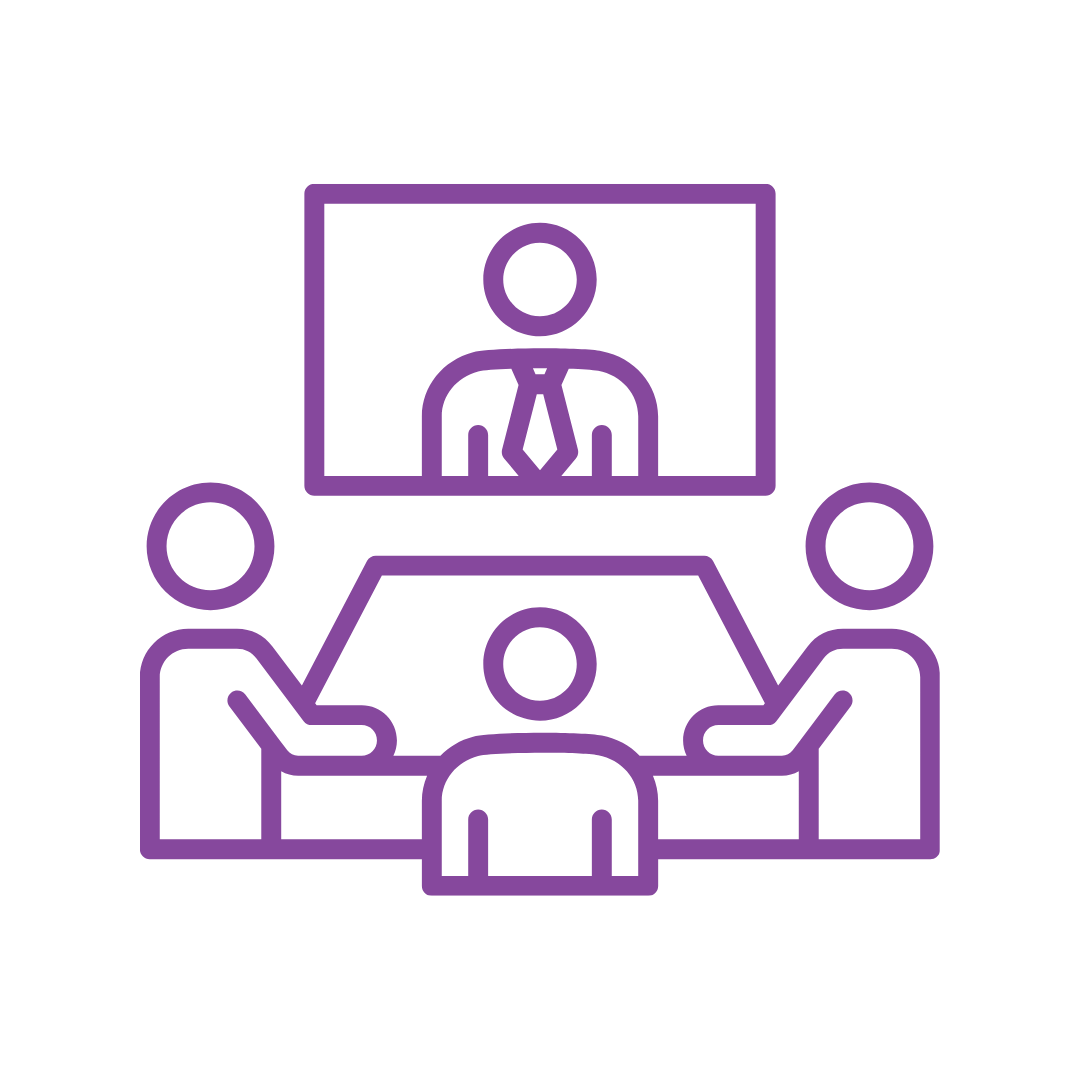 outline of people saw round a table with someone on a call on a board