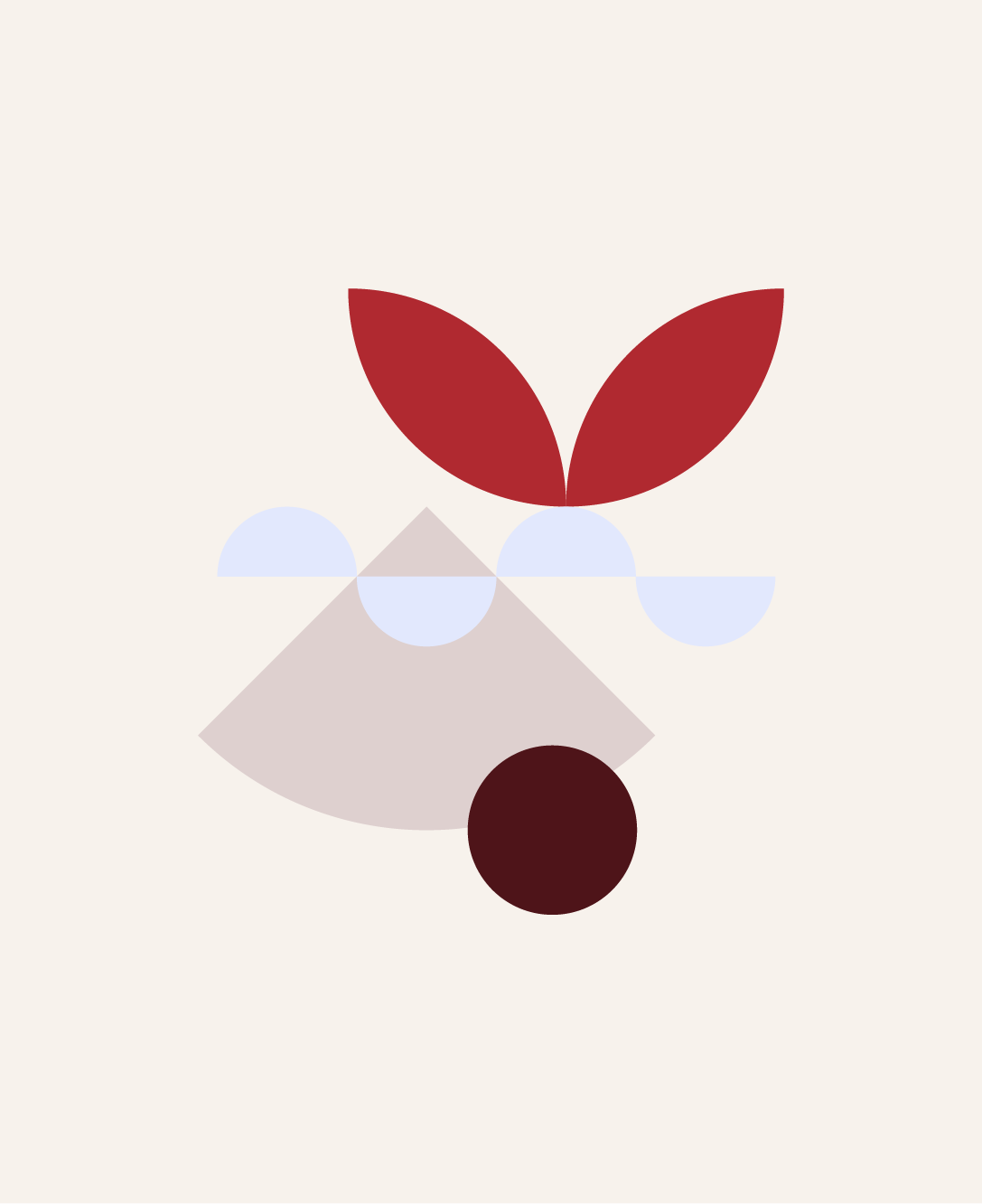 Abstract geometric design with a red leaf shape, a dark circle, and various pastel shapes on a light background.