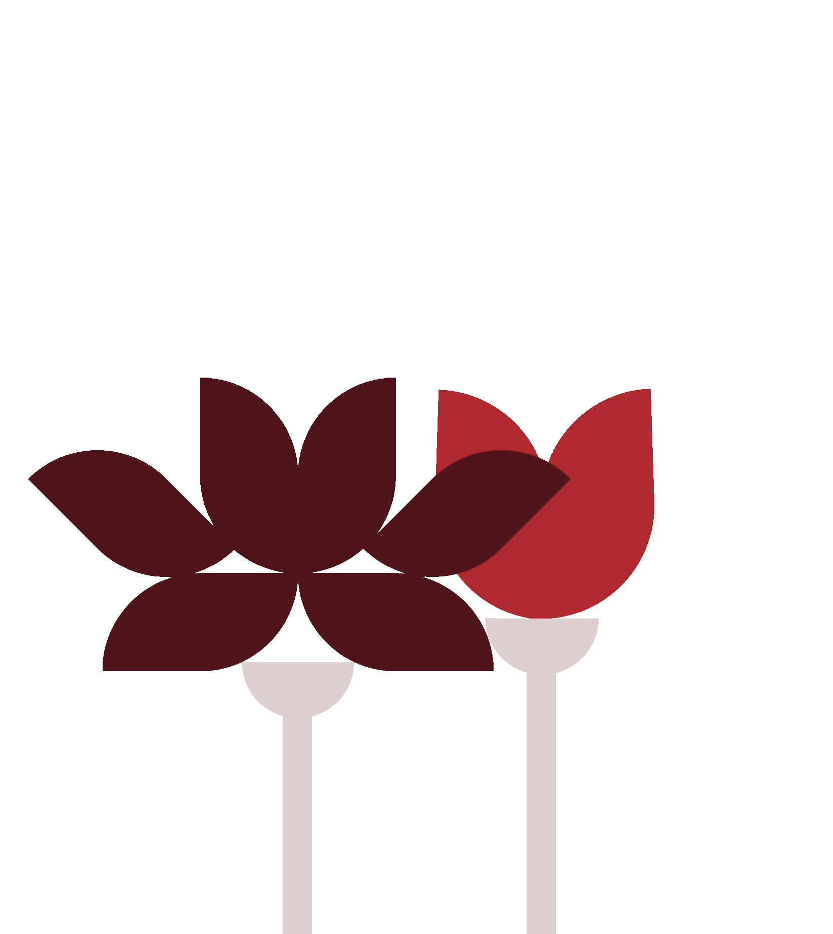 Two candles with flower-shaped holders, one with red and dark red petals and the other with lighter red petals.
