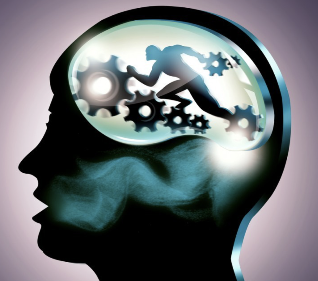 Silhouette of a person's head with a depiction of a brain filled with gears and a running figure inside.