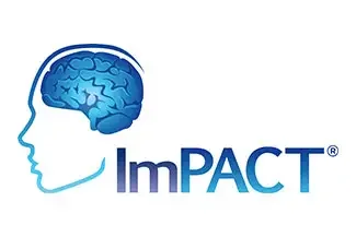 Outline of a human head with a blue brain illustration inside, next to the word 'ImPACT' in blue letters.