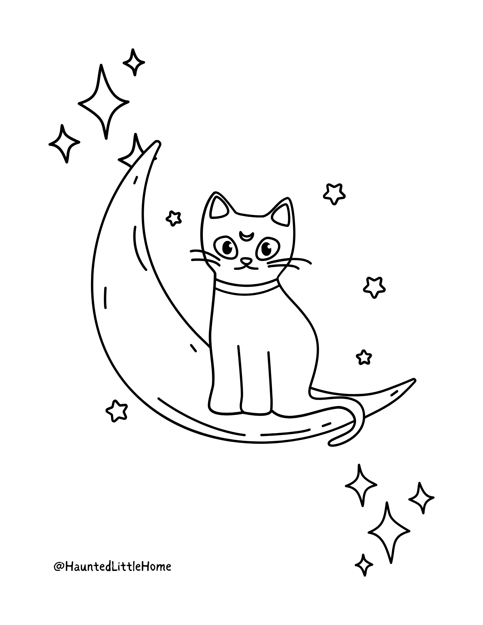 Black and white cartoon coloring drawing of cat sitting on a moon with stars around it