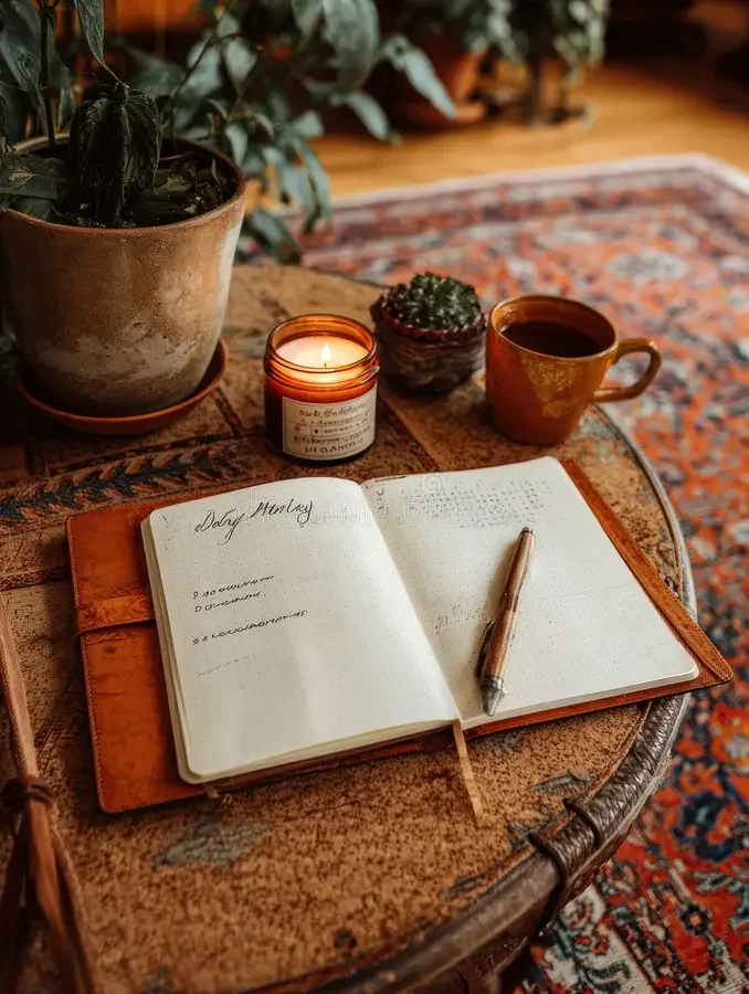 Warm and cozy desk scene with a steaming mug, lit candle, vintage journal, crystal, and small pumpkin, evoking a subtle witchy vibe