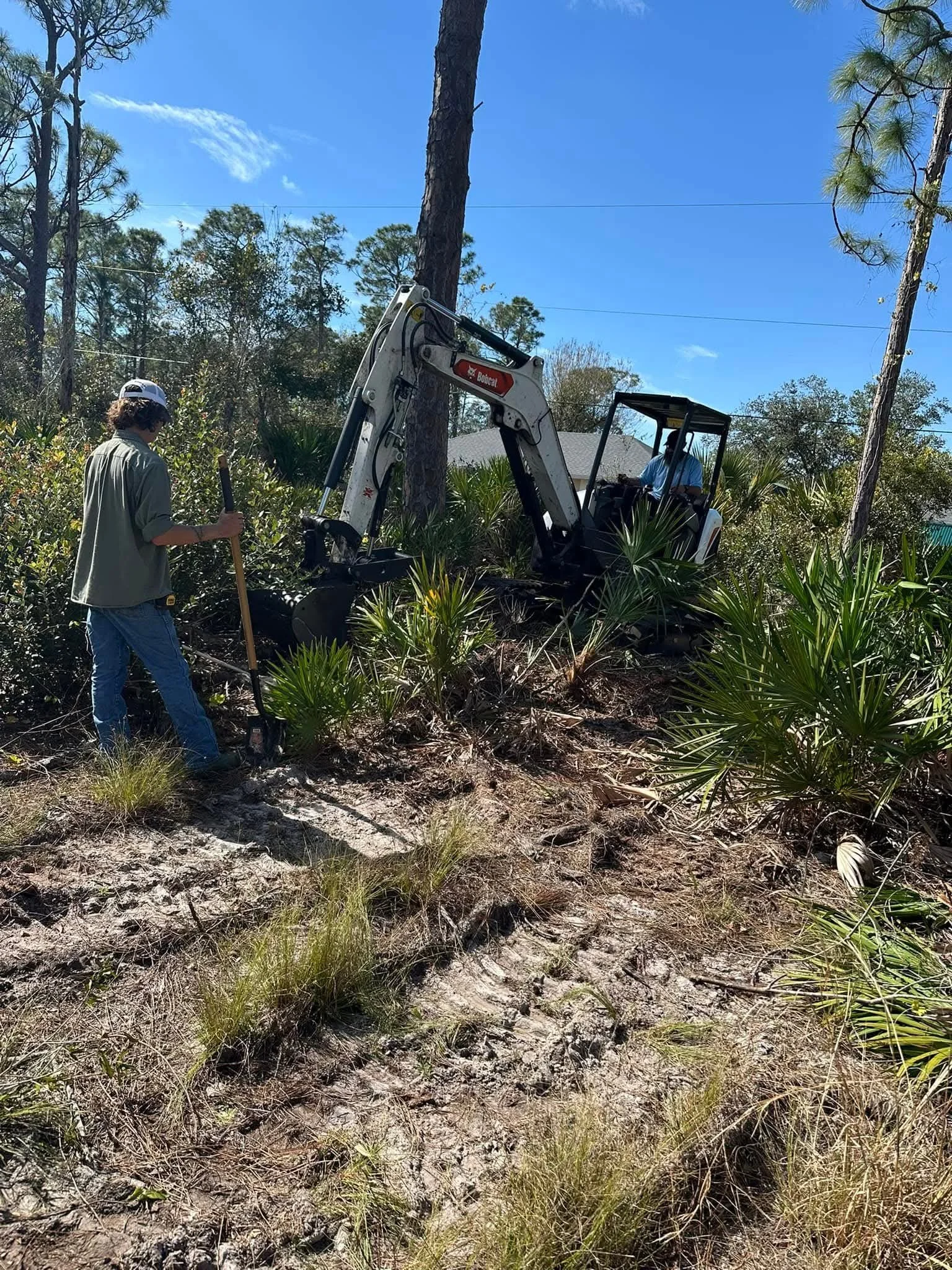 Two people working with a backhoe on a dirt and grass terrain in a wooded area with palm plants and trees under a blue sky.
