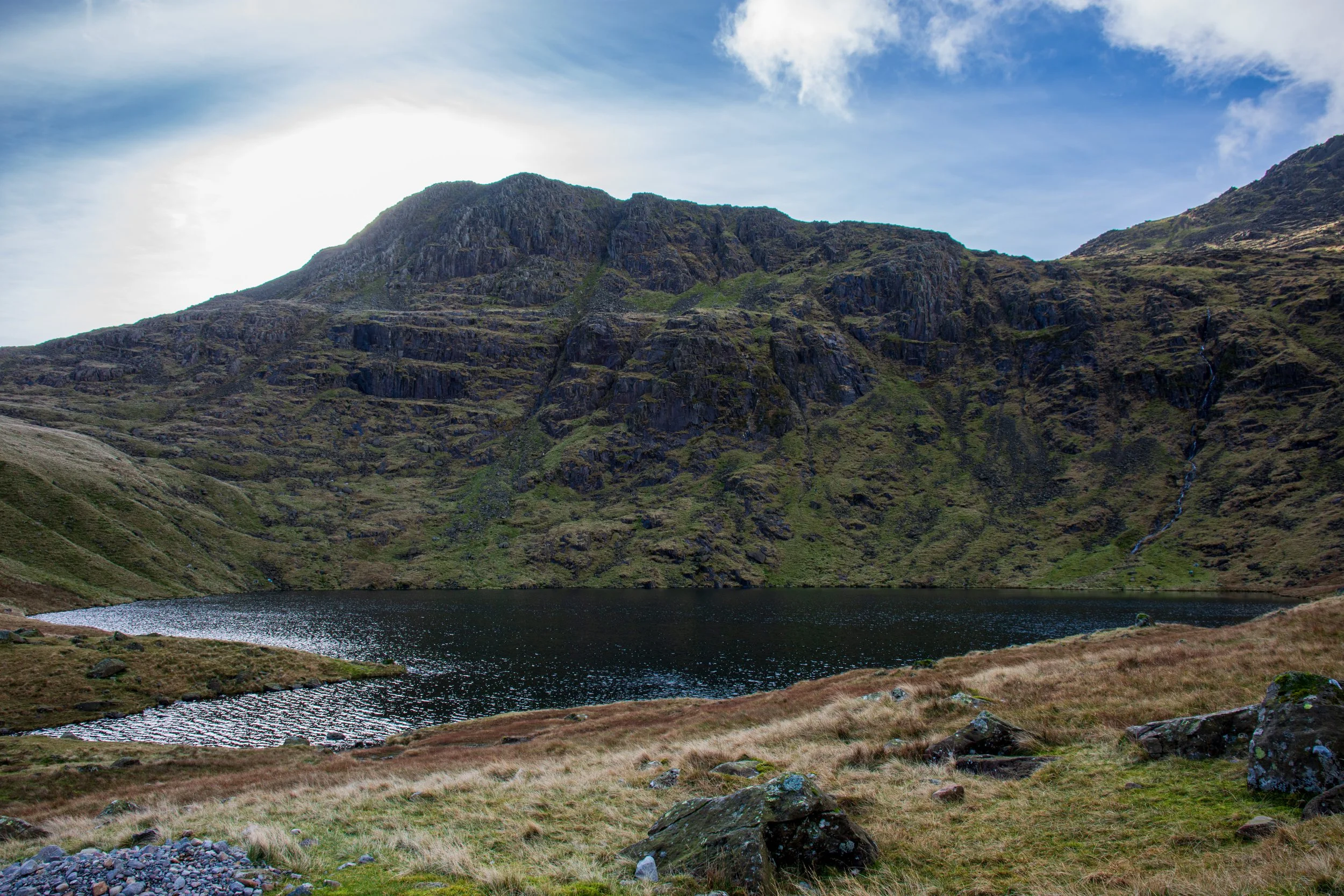 Angle Tarn in the Lake District, with Bowfell towering up behind the lake, under a calm sky