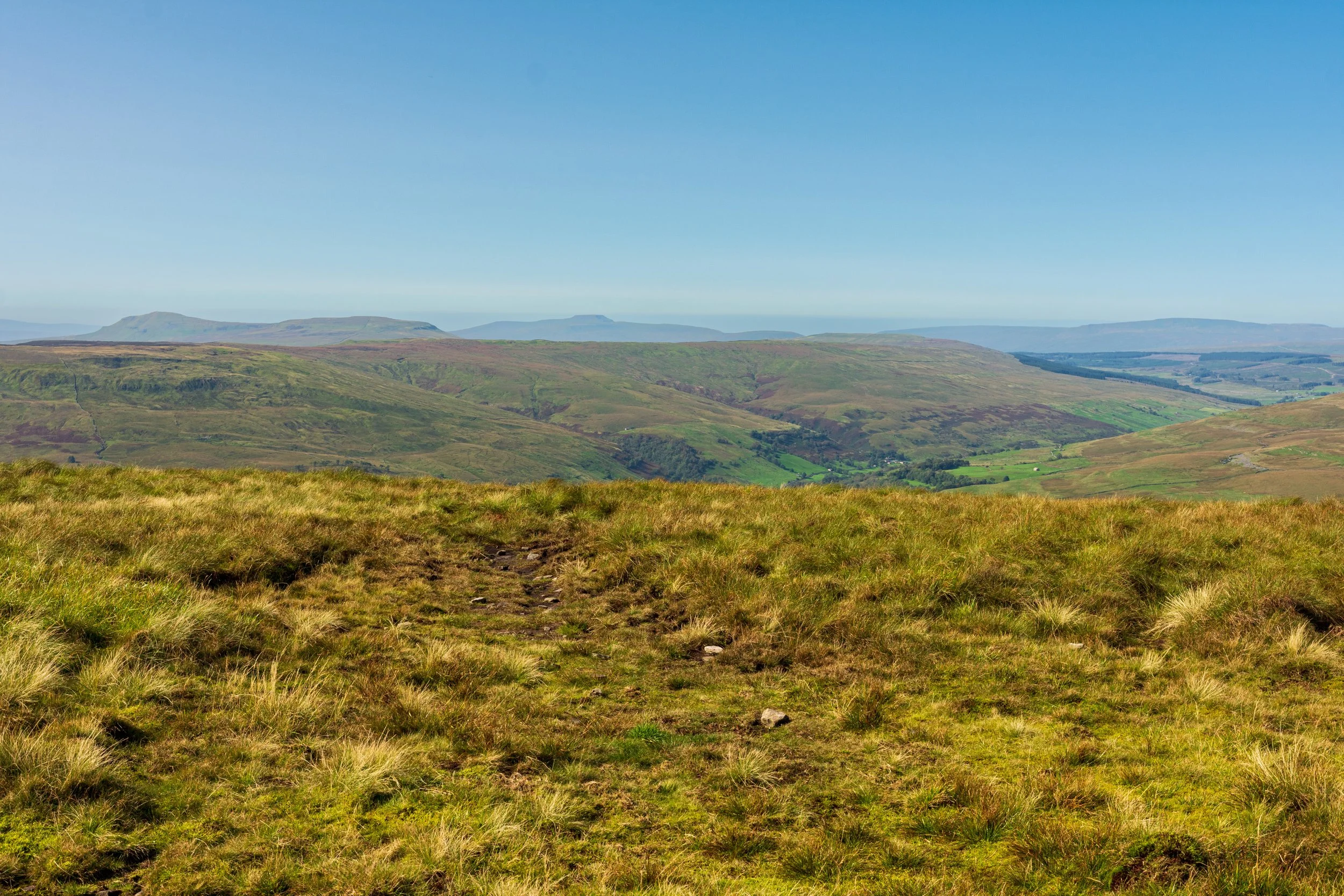 The grassy peat summit of Buckden Pike on a clear sunny day, looking towards the Yorkshire Three Peaks of Pen-y-Ghent, Ingleborough and Whernside