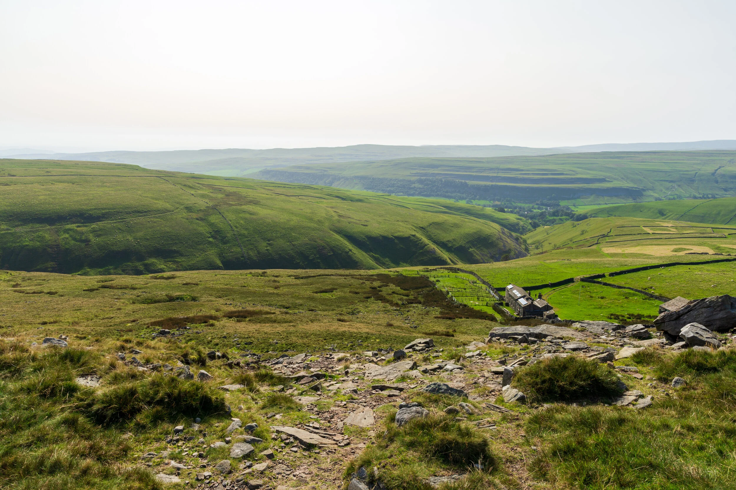 The velvety slopes of Dowber Gill, looking down from the crags of Hag Dyke