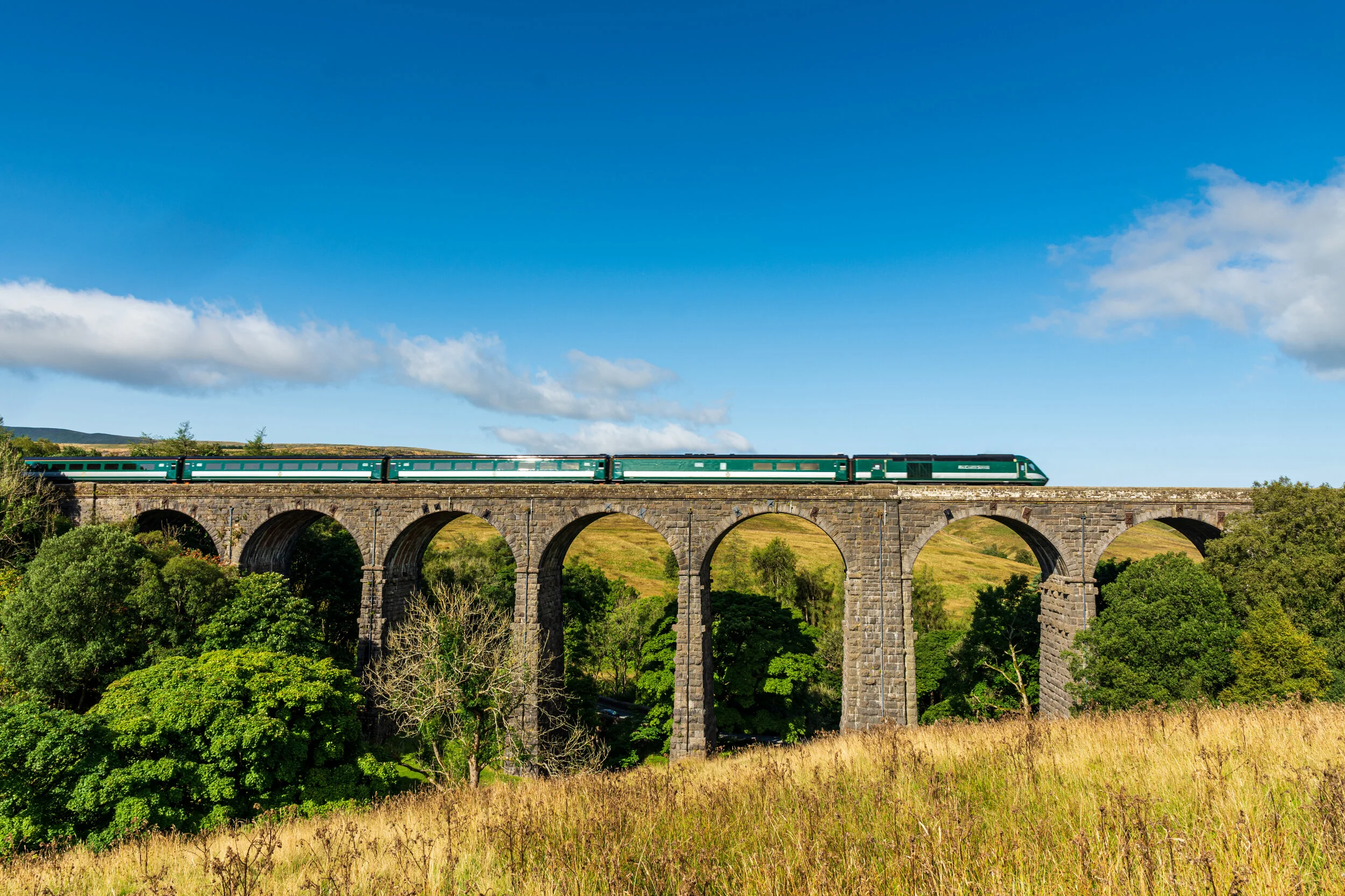 A HST returns to life with Rail Charter Services, passing over Dent Viaduct