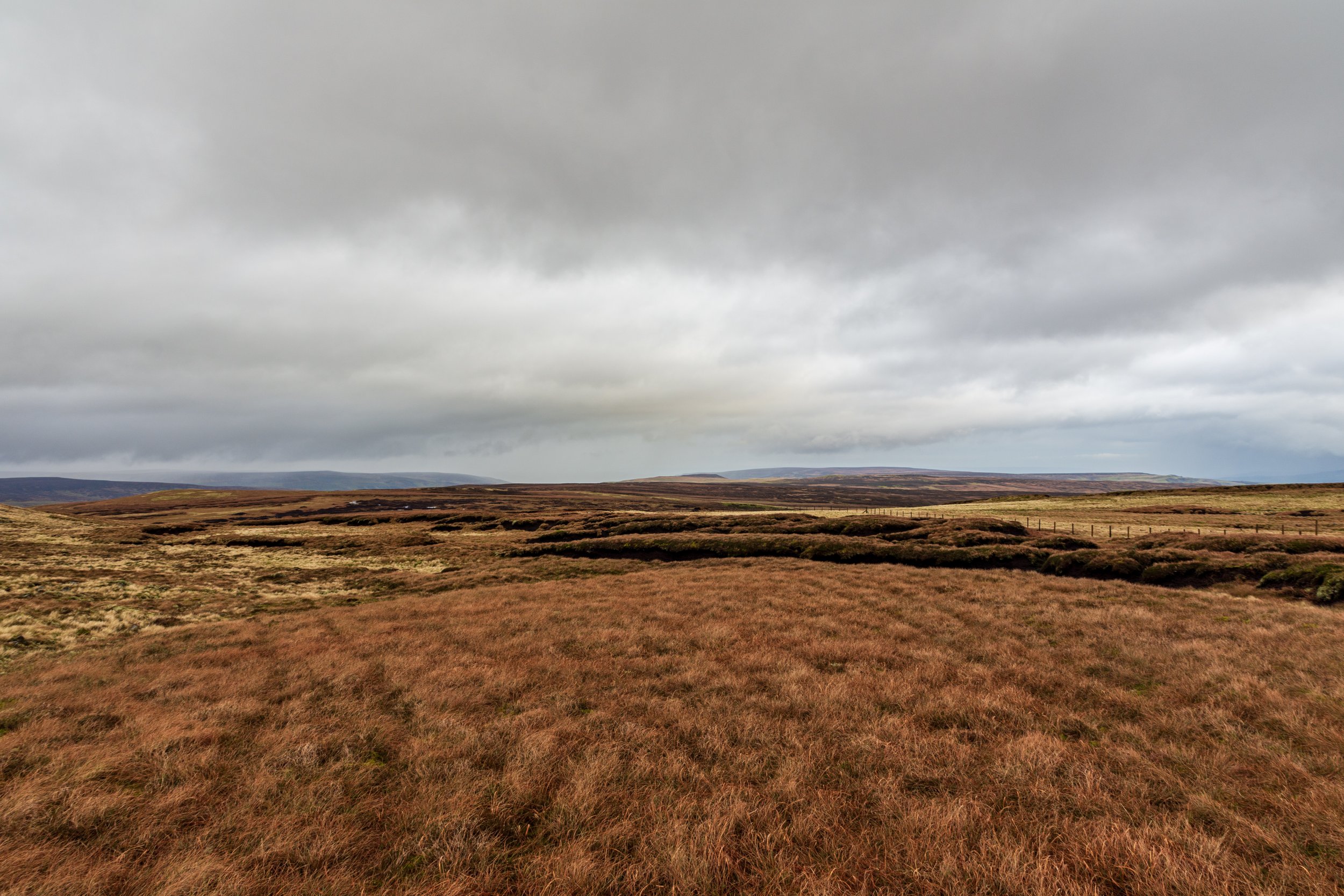An expanse of vast and boggy moorland near the summit of Lovely Seat in the Yorkshire Dales